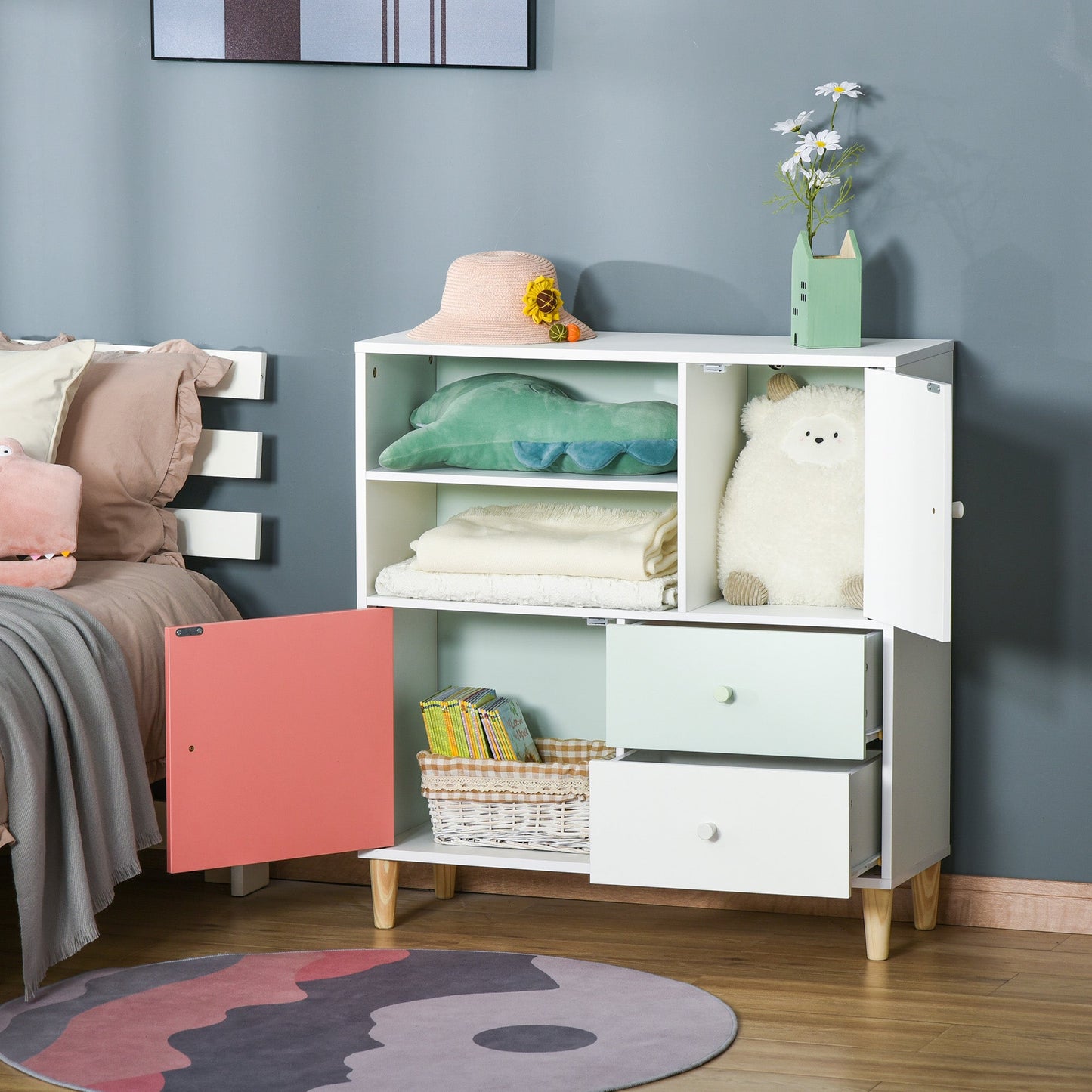 Kids Bookcase Multi-Shelf Modern Freestanding Cabinet of Drawer Pink