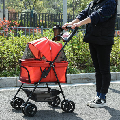 Pet Stroller Pushchair No-Zip Foldable Travel Carriage with Brake Basket Adjustable Canopy Red