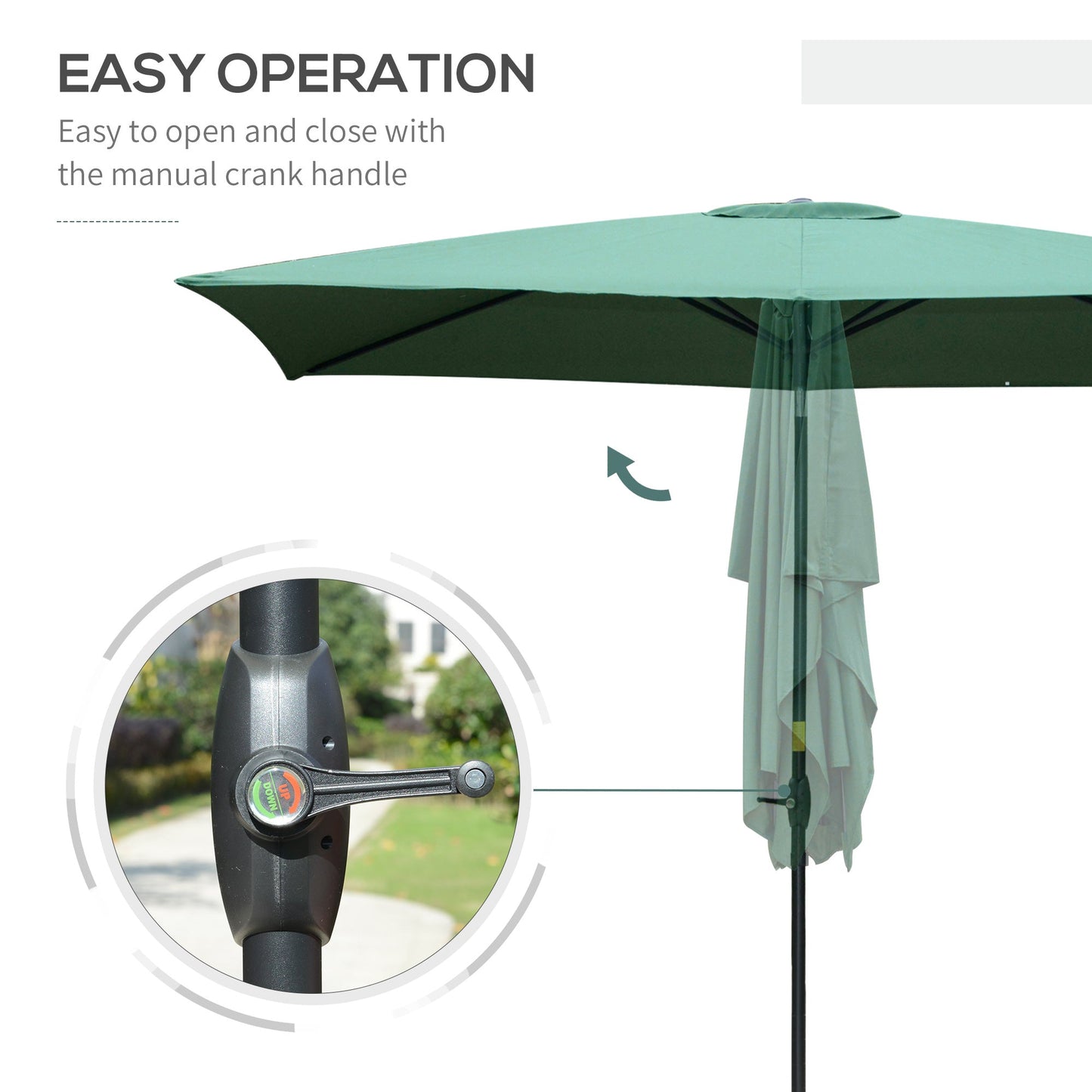 Outsunny 2 x 3(m) Garden Parasol Umbrella, Rectangular Outdoor Market Umbrella Sun Shade with Crank & Push Button Tilt, 6 Ribs, Aluminium Pole, Green