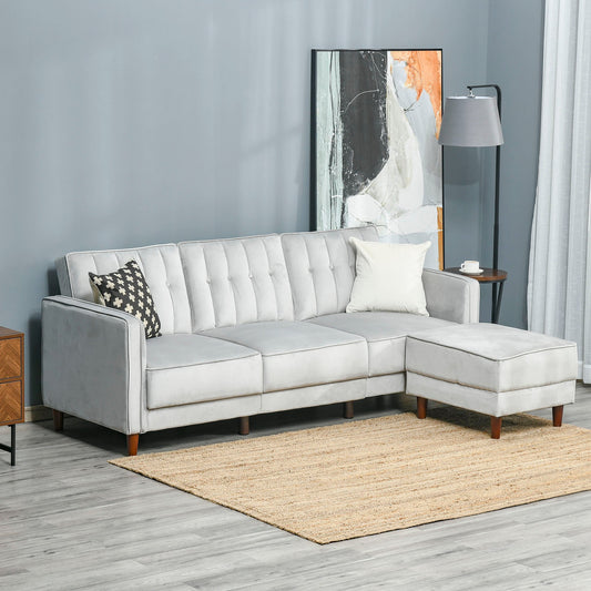 Corner Sofa Bed Reversible 3-Seater Sectional Sofa Set Velvet-Touch Sleeper Futon with Footstool, Light Grey