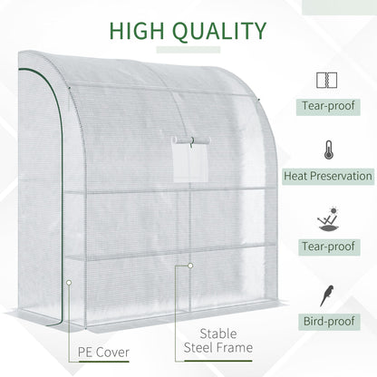 Walk-In Lean to Wall Greenhouse with Windows and Doors 2 Tiers 4 Wired Shelves 200L x 100W x 213Hcm White