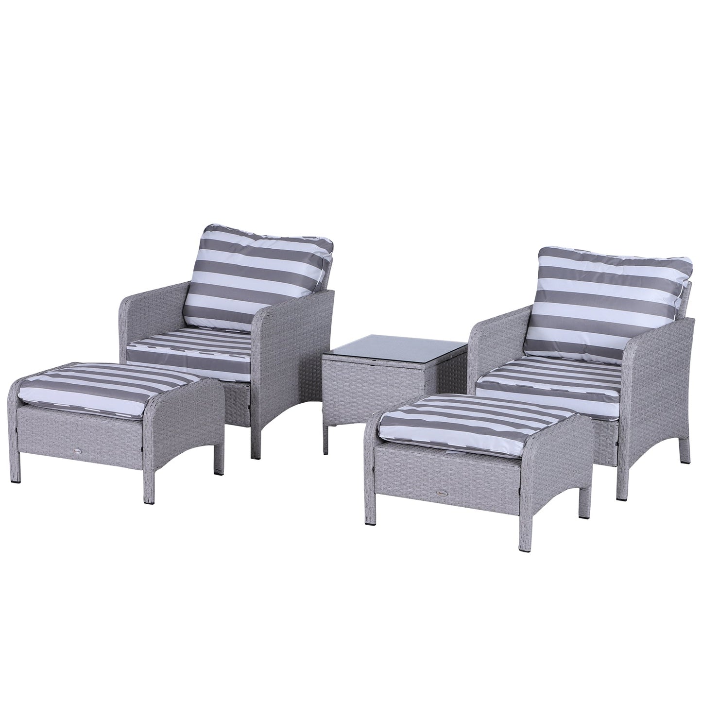 Outsunny 5 Pcs PE Rattan Garden Furniture Set, 2 Armchairs 2 Stools Glass Top Table Cushions Wicker Weave Chairs Outdoor Seating, Grey and White