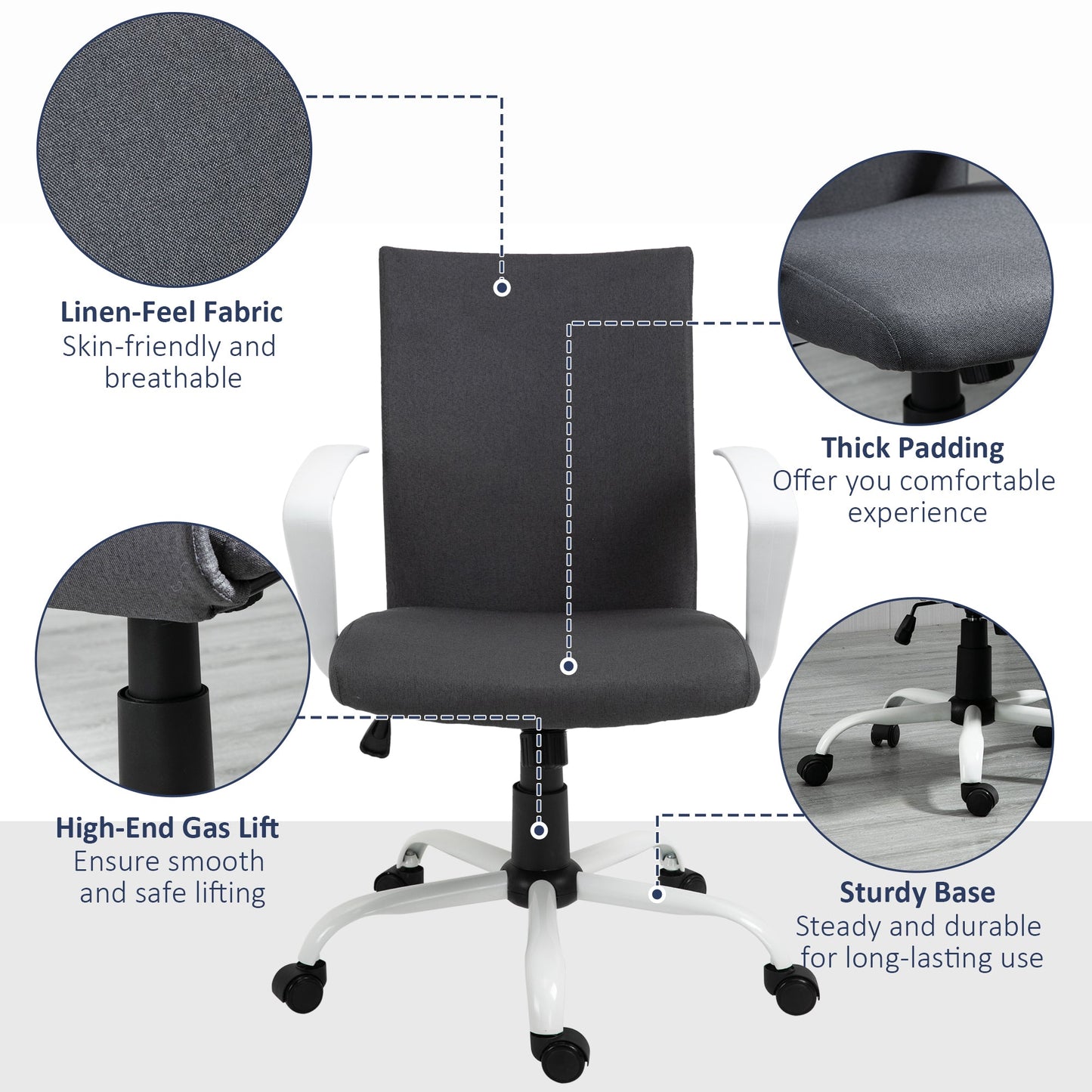 Vinsetto Office Chair Linen Swivel Computer Desk Chair Home Study Task Chair with Wheels, Arm, Charcoal Grey