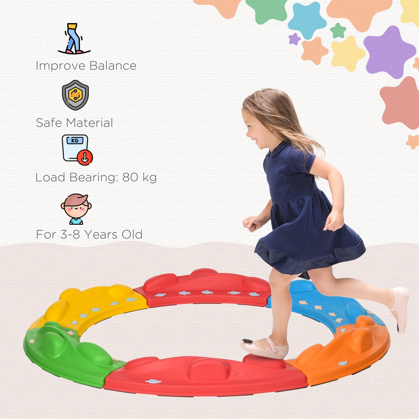 ZONEKIZ Kids Balance Beam, Kids 6 Pieces Stepping Stones Obstacle Course, for Ages 3-8 Years - Multicoloured