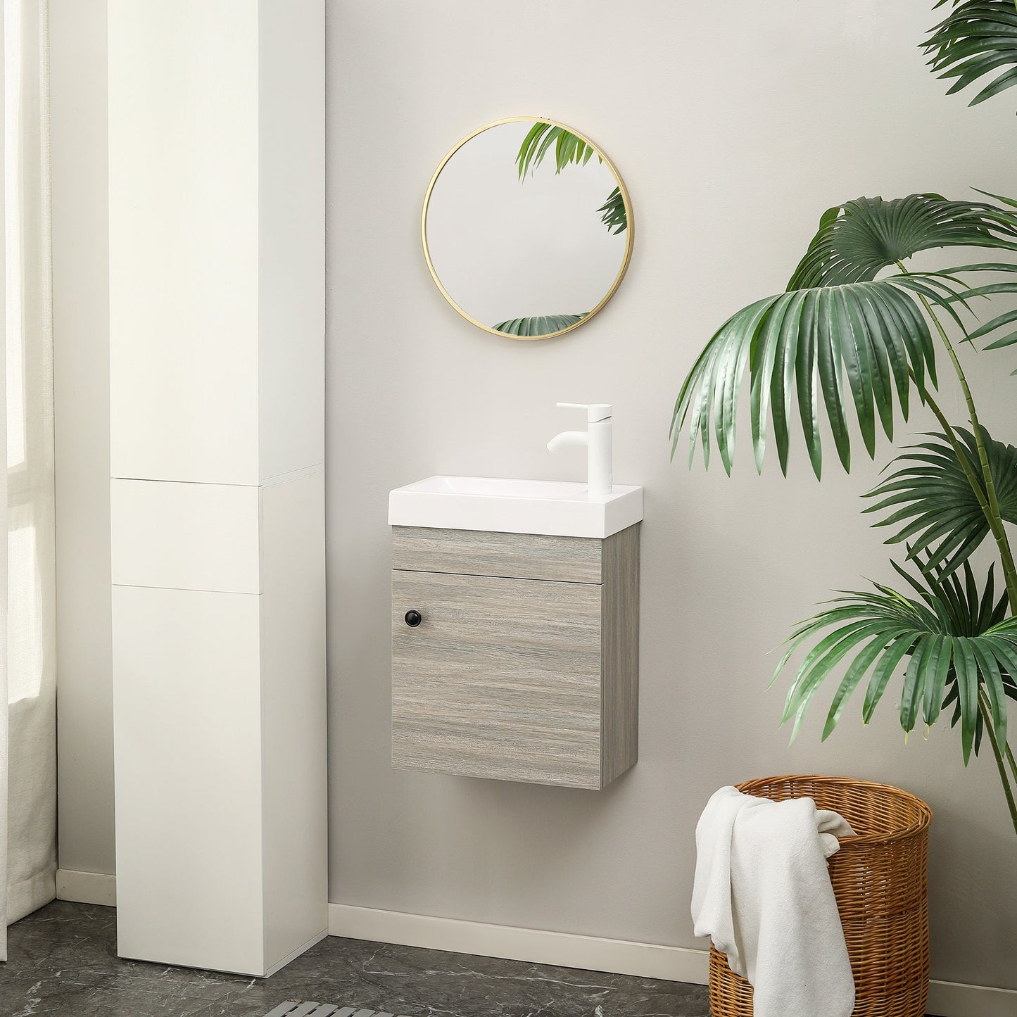 kleankin Bathroom Vanity Unit with Basin, Wall Mounted Bathroom Wash Stand with Sink, Tap Hole and Storage Cabinet, Grey