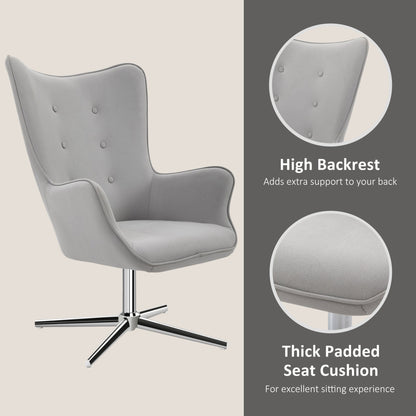 HOMCOM Retro Upholstered Swivel Accent Chair Executive Tufted w/ Metal Base Padding High Back Arms Comfort Style Seating 74L x 71W x 106H - Grey