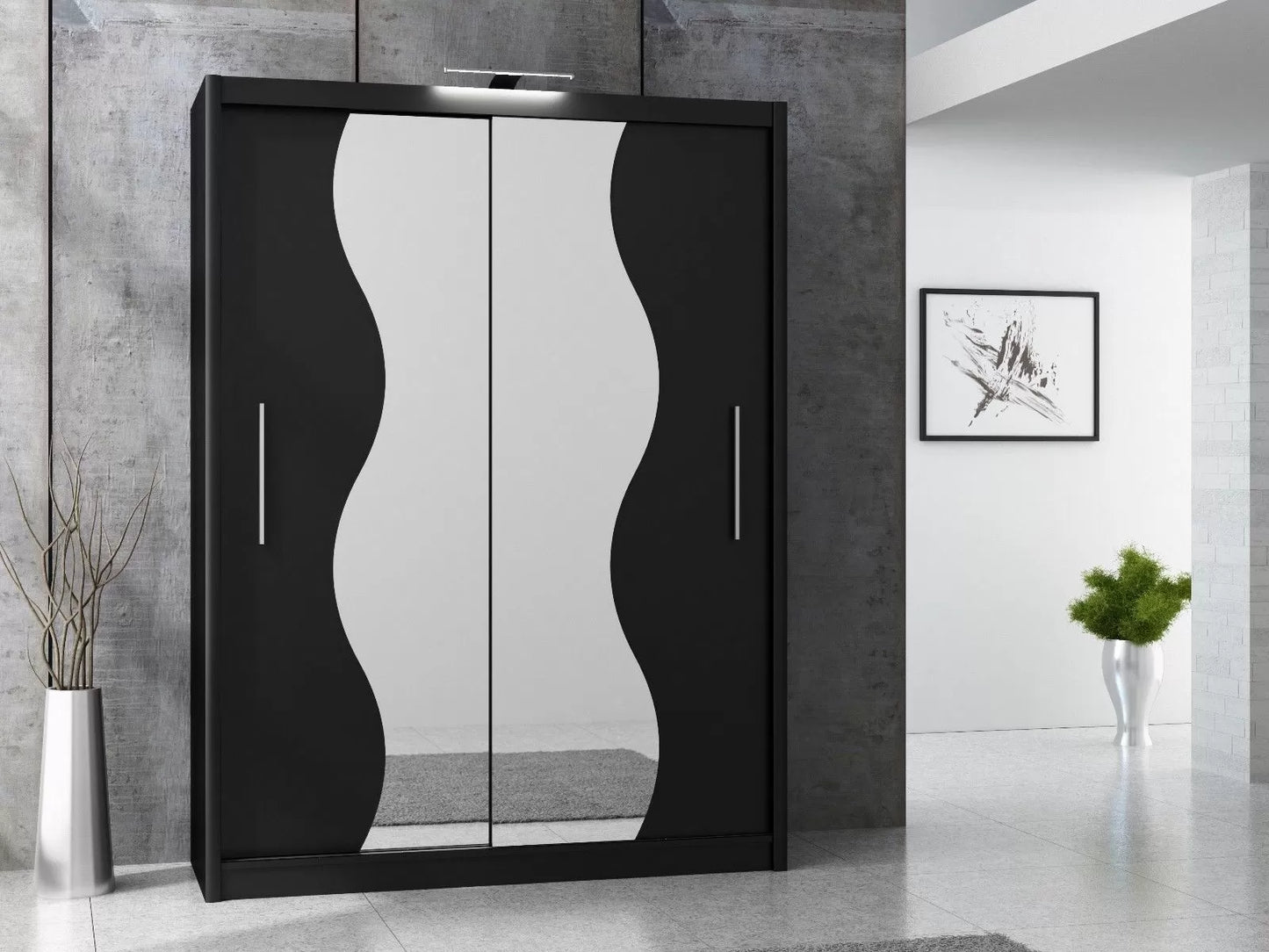 Tokyo V Curvy Sliding Door Wardrobe - Black, White, Oak