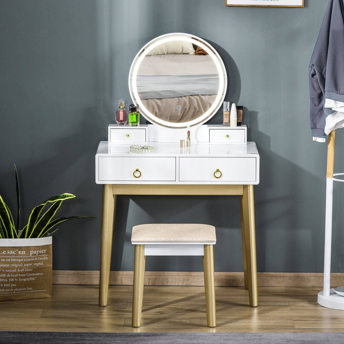 Vanity Table Set with Mirror & Light, Dressing Desk w/ Drawers Stool White