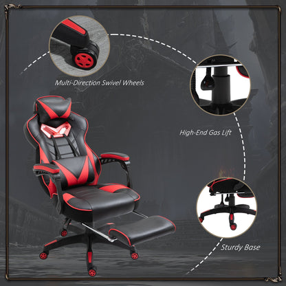 Vinsetto Gaming Chair Ergonomic Reclining w/ Manual Footrest 5 Wheels Stylish Office Red