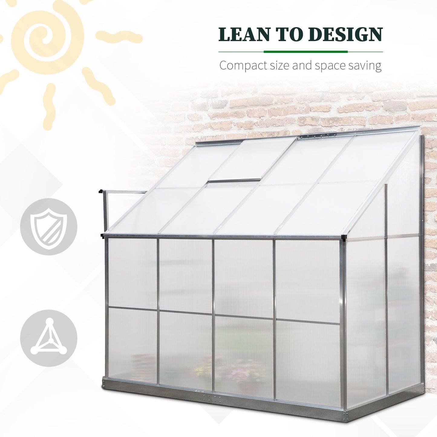 Walk-In Garden Greenhouse Heavy Duty Aluminum Polycarbonate with Roof Vent Lean to Design for Plants Herbs Vegetables 252 x 125 x 221 cm Frame w/