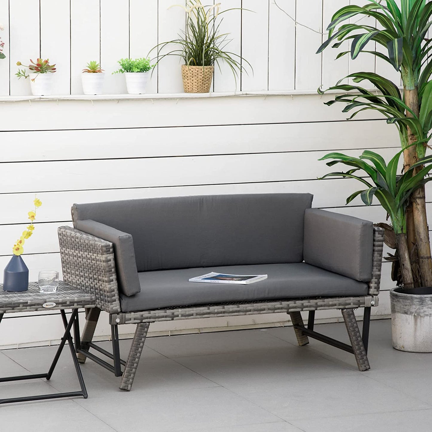 Outsunny 2 Seater Rattan Sofa with Cushions, 2-in-1 PE Rattan Daybed Sofa with Left Up or Down Armrests, Garden Chaise Lounger Loveseat for Outdoor, Patio, Mixed Grey