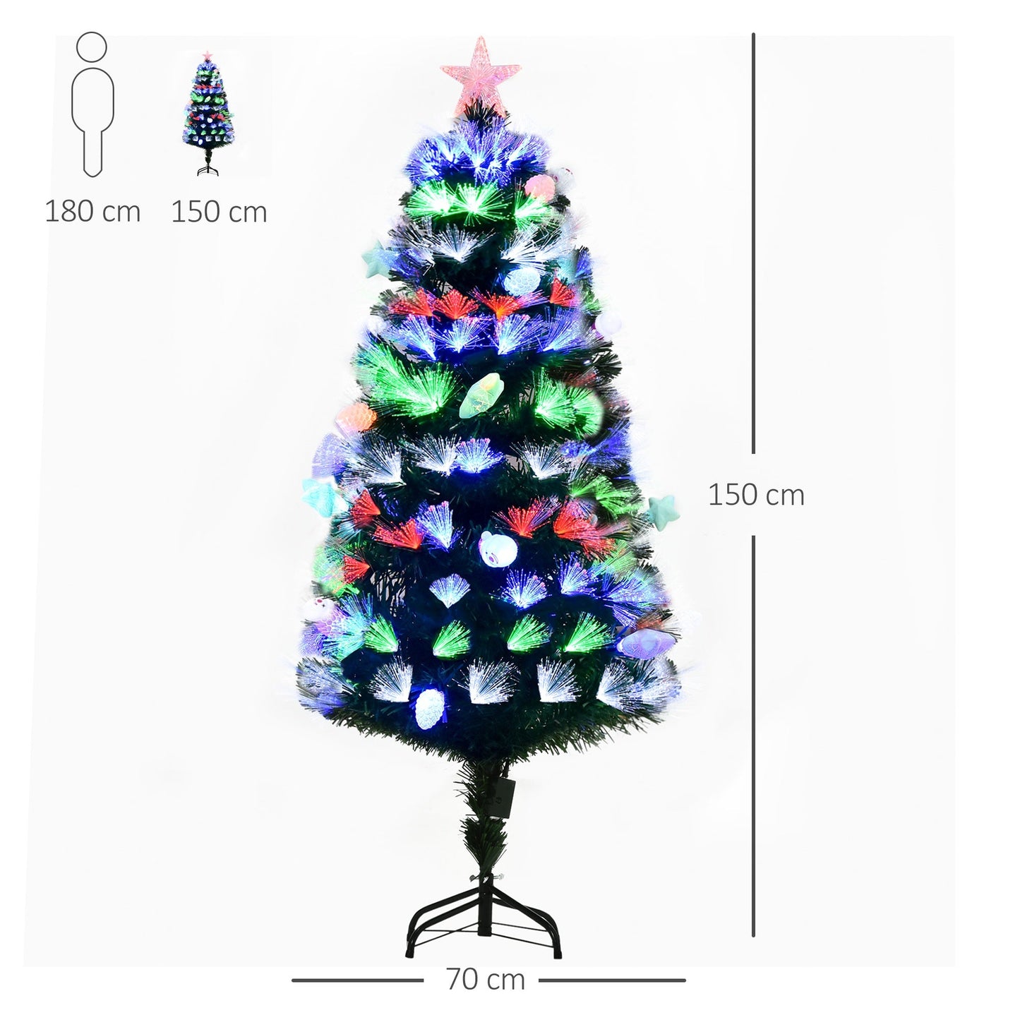 HOMCOM 5FT Pre-Lit Artificial Christmas Tree with Fibre Optic Baubles Fitted Star LED Light Xmas Decoration Green