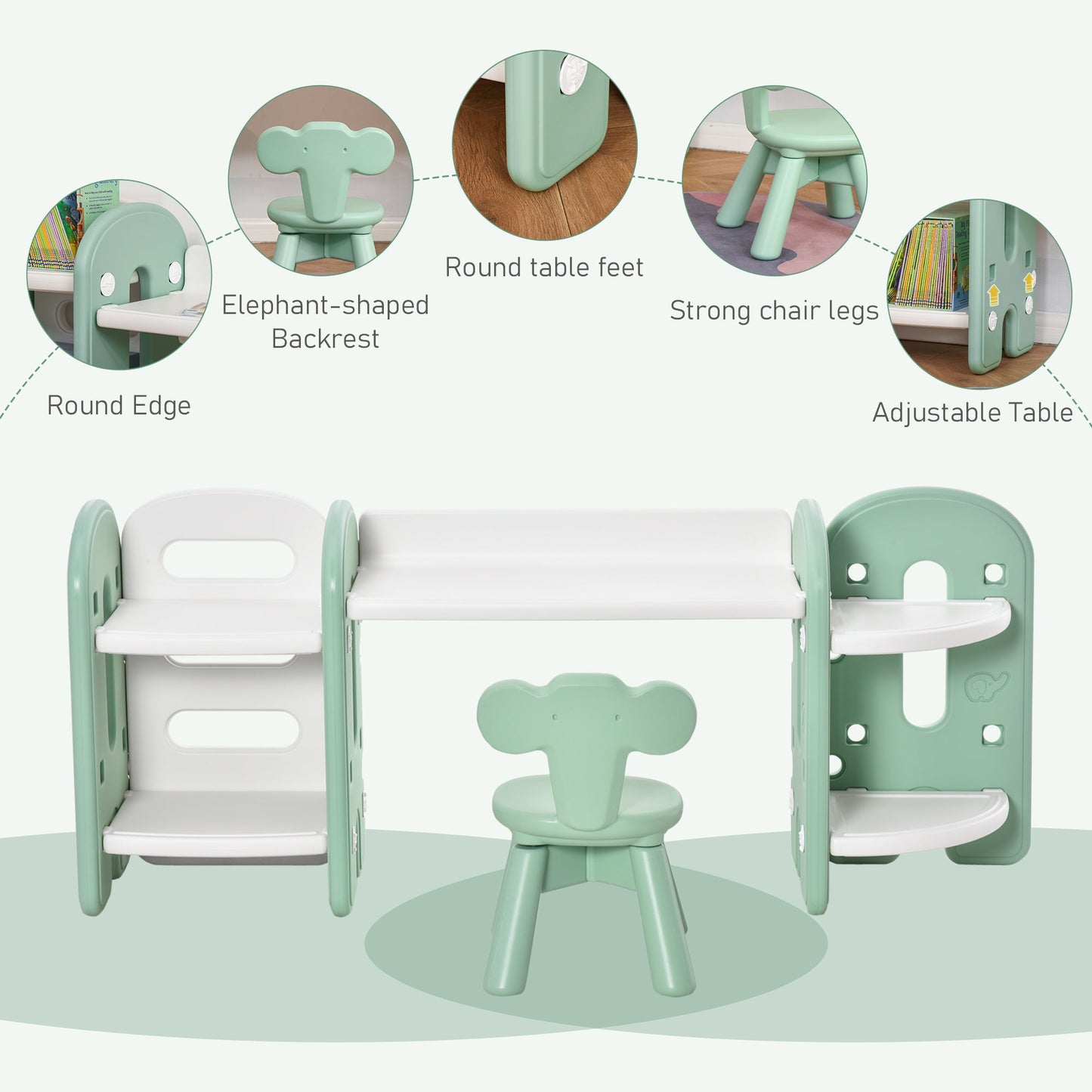 Kids Adjustable Table and Chair Set 2 Piece Green and white for 1-4 years old