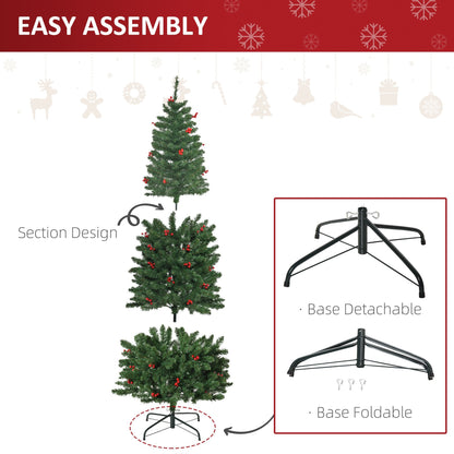 HOMCOM 6FT Prelit Artificial Pencil Christmas Tree with Warm White LED Light, Red Berry, Holiday Home Xmas Decoration, Green