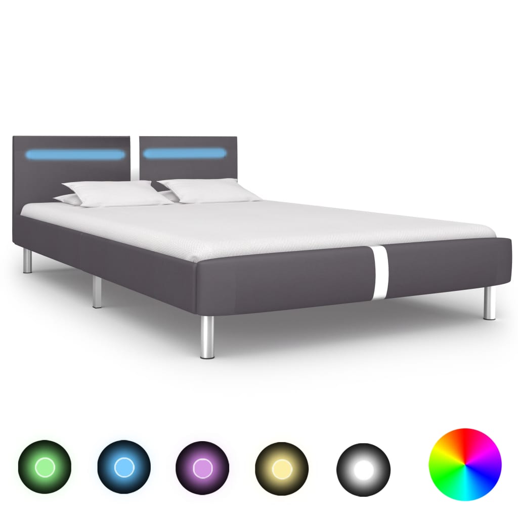 Bed Frame with LED Grey Faux Leather 135x190 cm Double