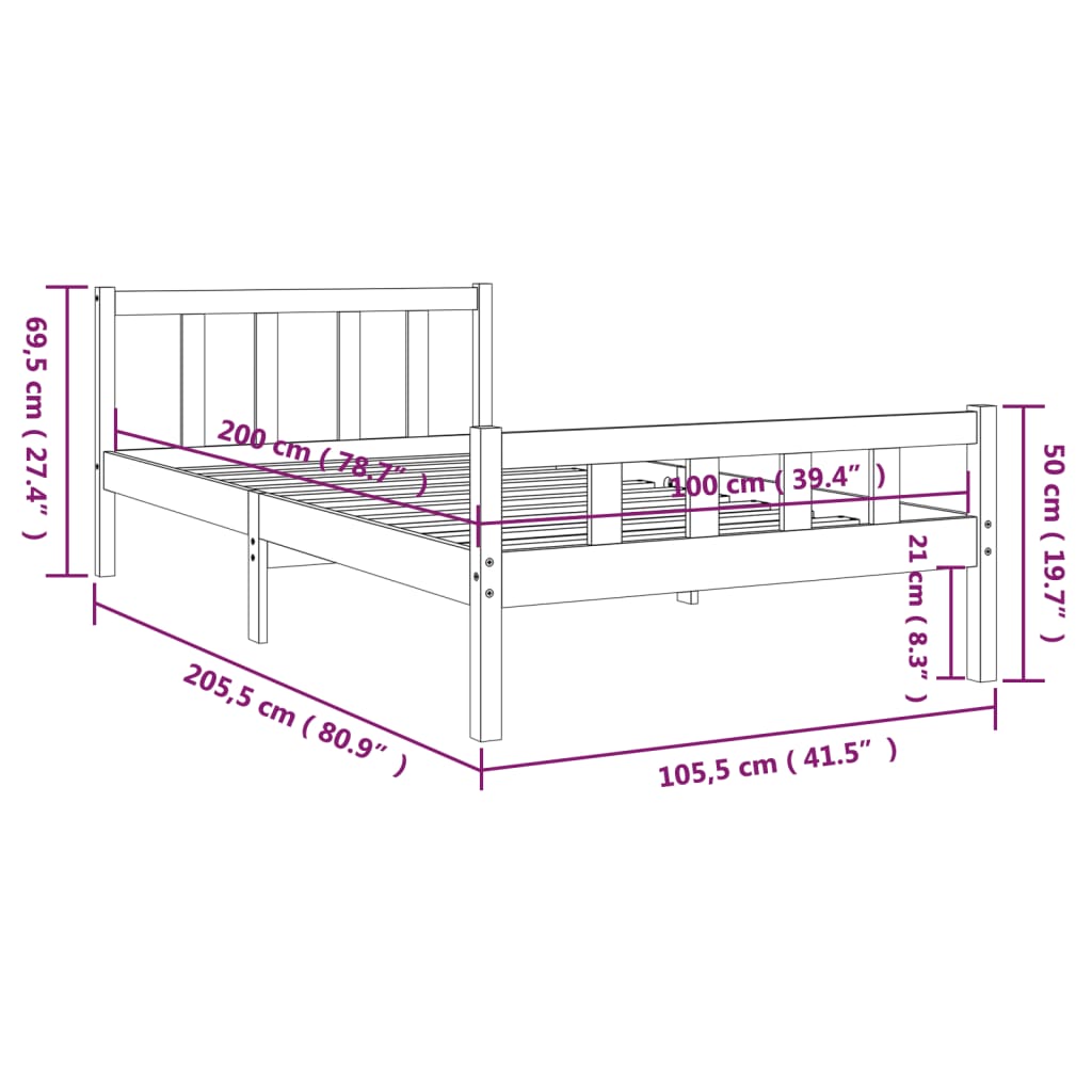 Bed Frame Solid Wood 100x200 cm