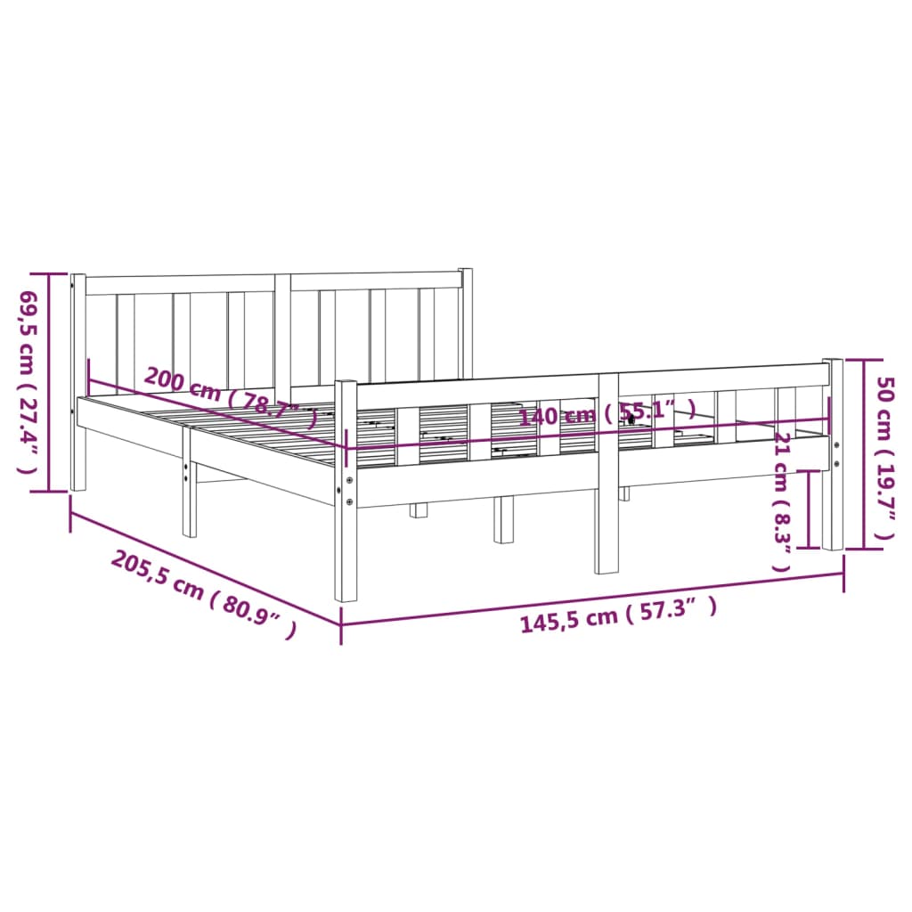 Bed Frame Grey Solid Wood 140x200 cm