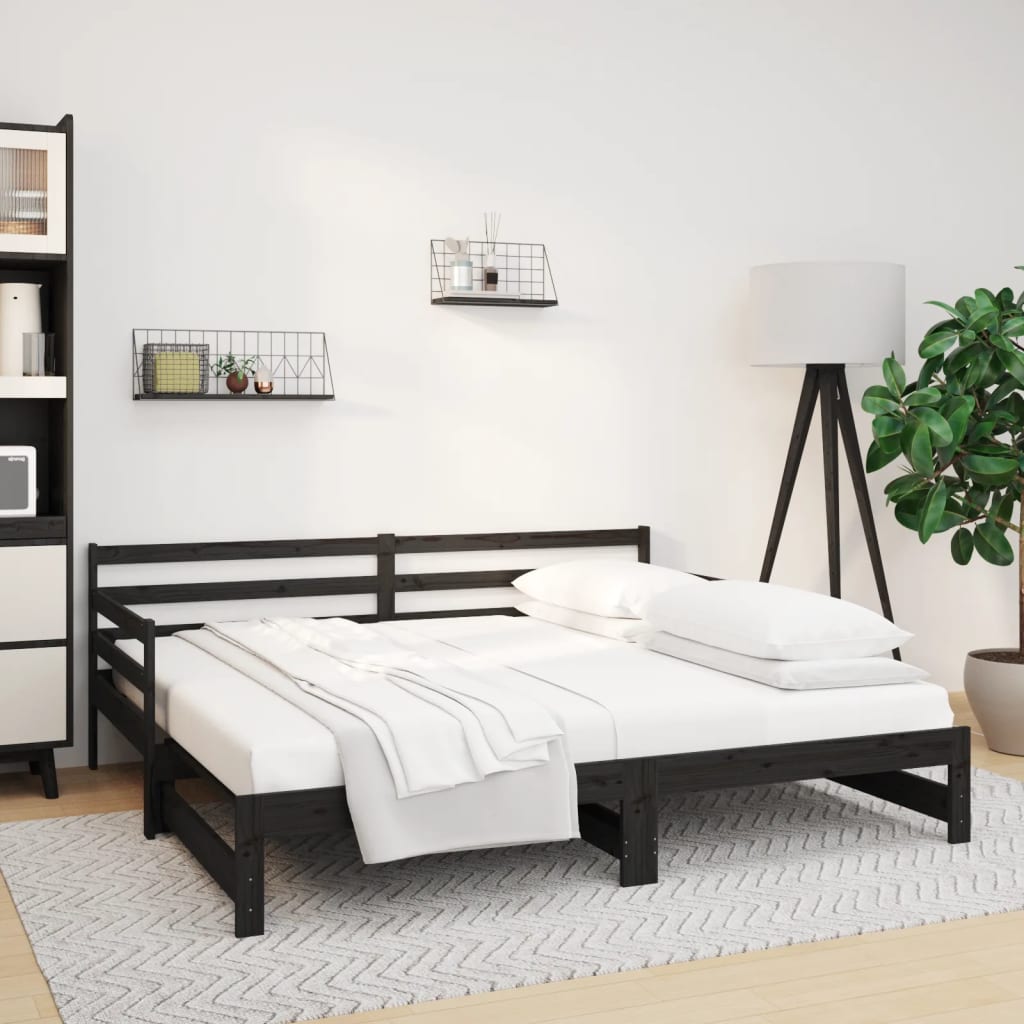 Pull-out Day Bed Black 2x(80x200) cm Solid Wood Pine