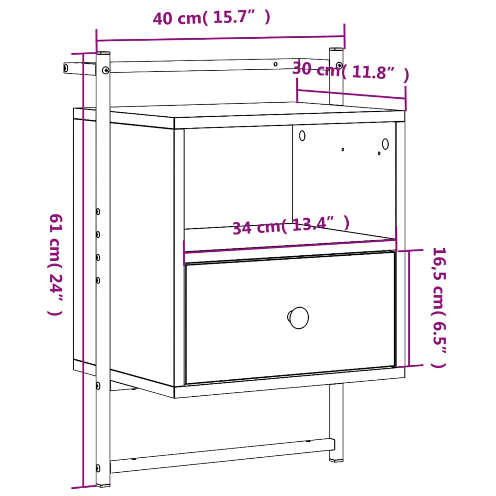 Bedside Cabinet Wall-mounted Grey Sonoma 40x30x61 cm Engineered Wood