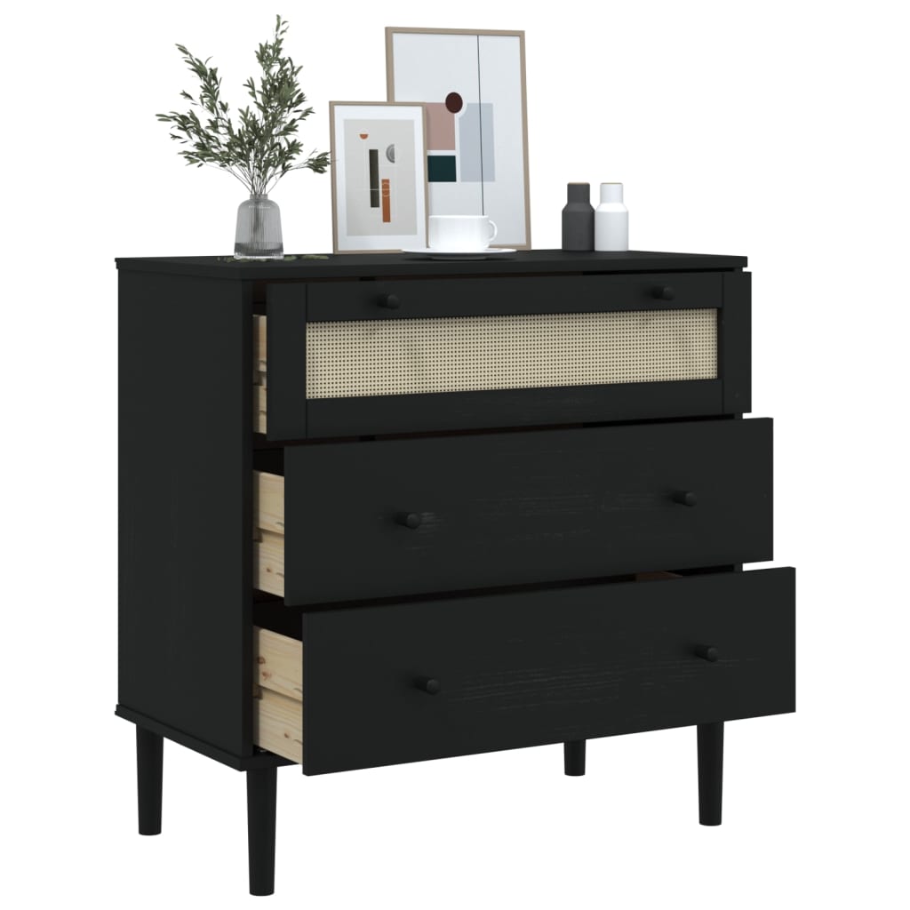 Drawer Cabinet SENJA Rattan Look Black 80x40x80 cm Solid Wood Pine
