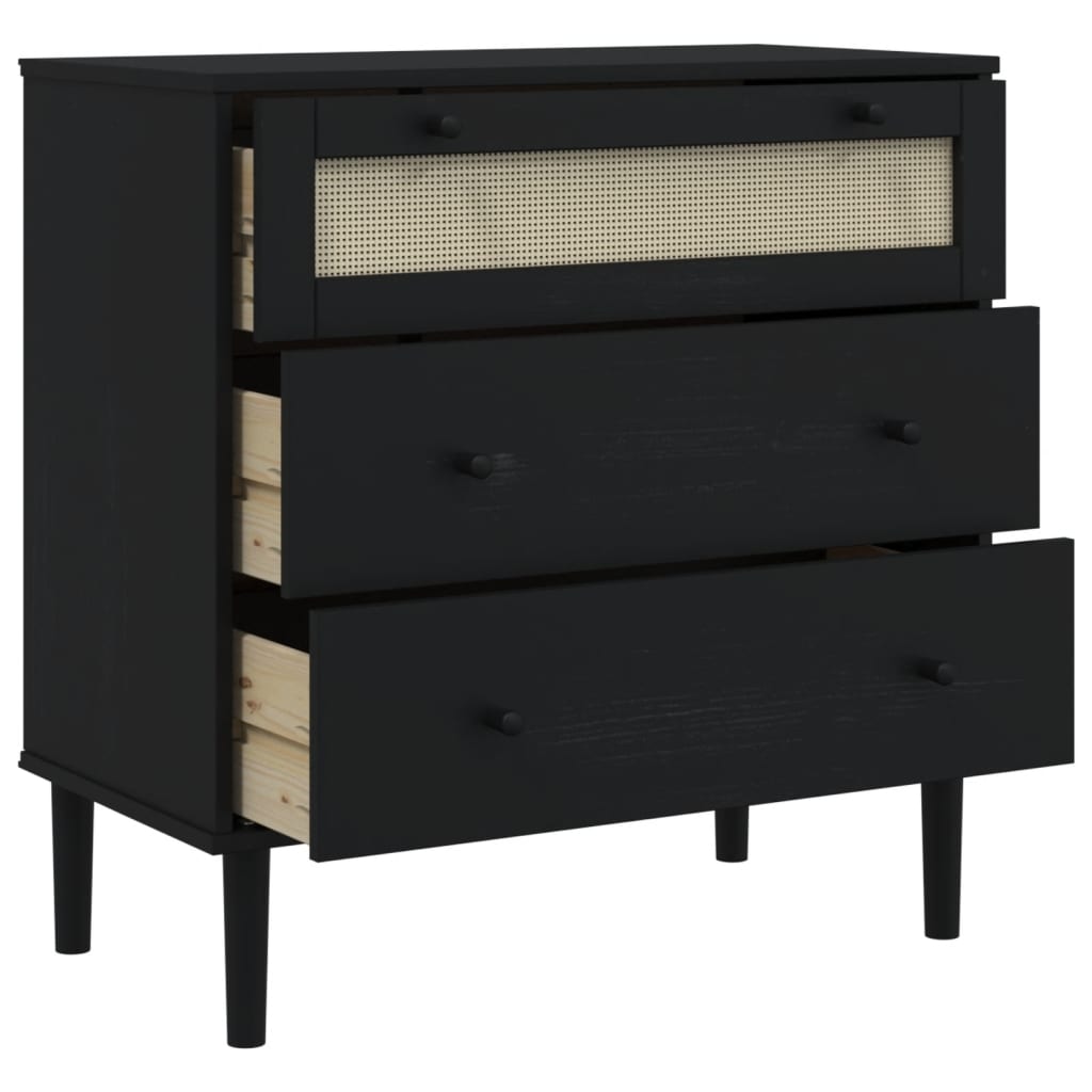 Drawer Cabinet SENJA Rattan Look Black 80x40x80 cm Solid Wood Pine