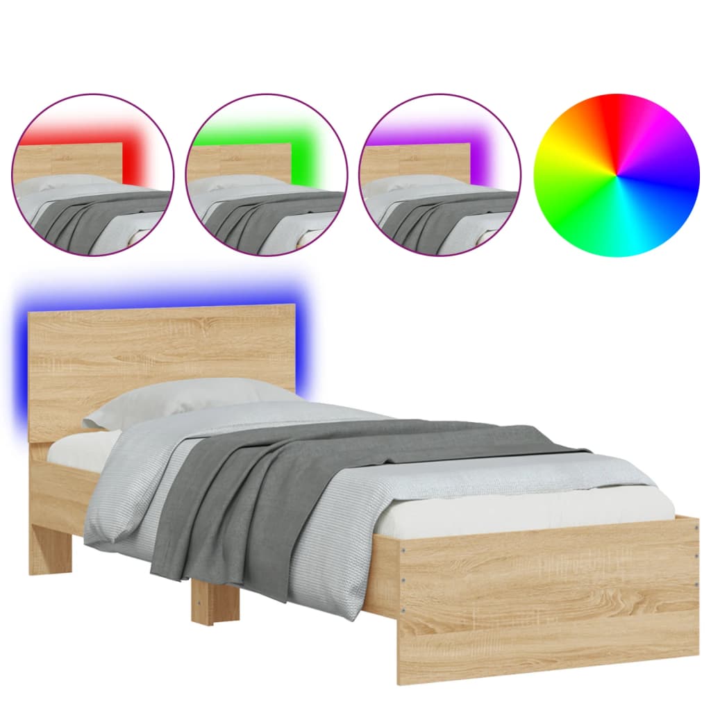 Bed Frame with Headboard and LED Lights Sonoma Oak 90x200 cm