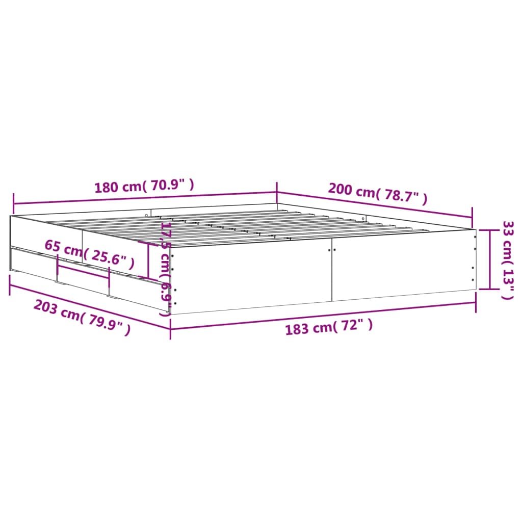 Bed Frame with Drawers Black 180x200 cm Super King Size Engineered Wood