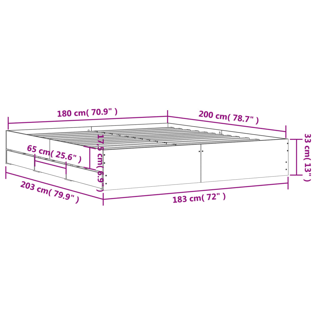 Bed Frame with Drawers Brown Oak 180x200 cm Super King Size Engineered Wood