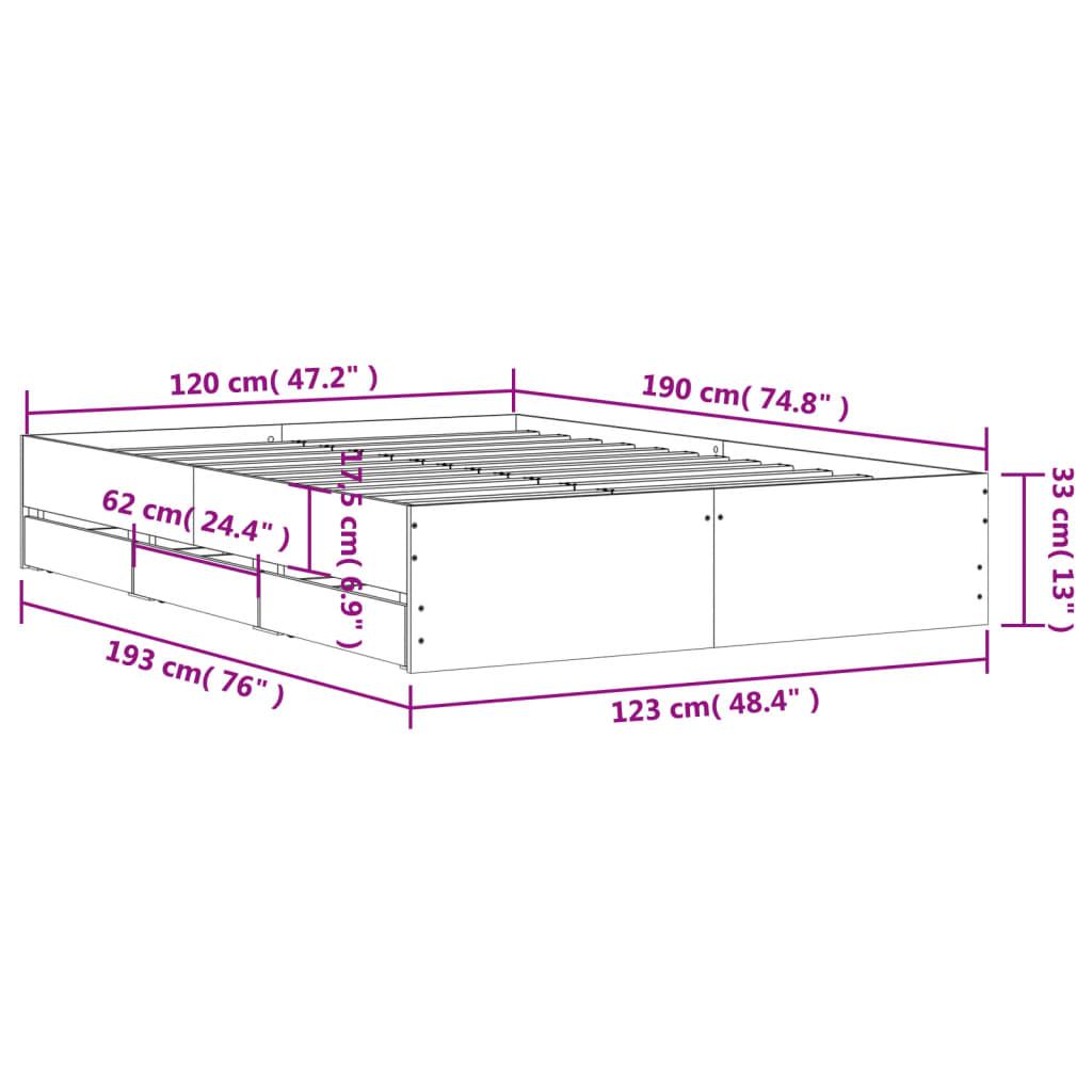 Bed Frame with Drawers Black 120x190 cm Small Double Engineered Wood