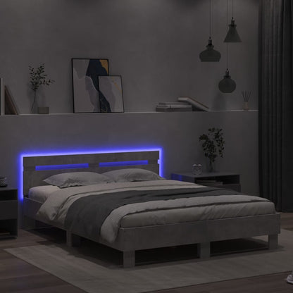 Bed Frame with Headboard and LED Concrete Grey 150x200 cm King Size