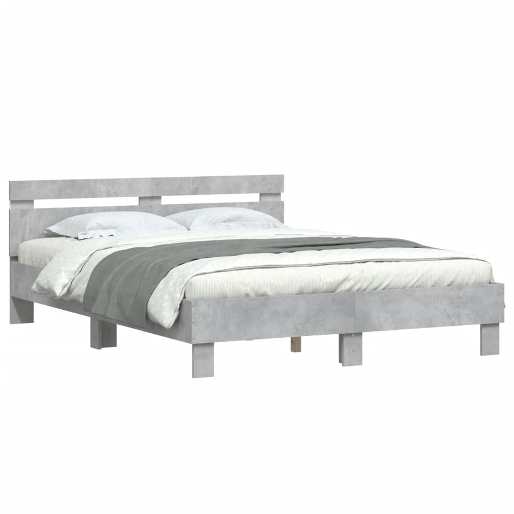 Bed Frame with Headboard and LED Concrete Grey 150x200 cm King Size