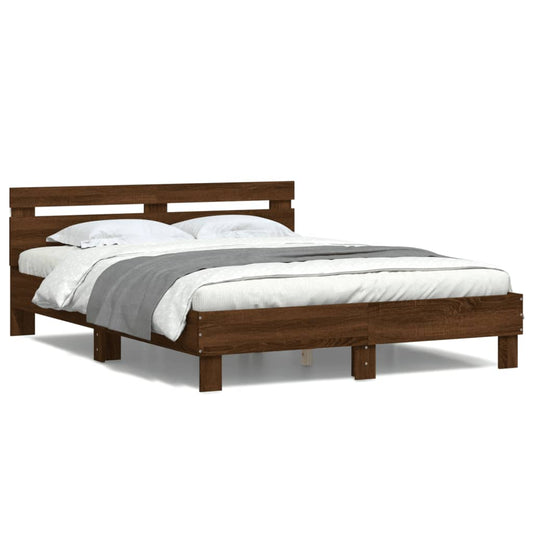 Bed Frame with Headboard and LED Brown Oak 150x200 cm King Size