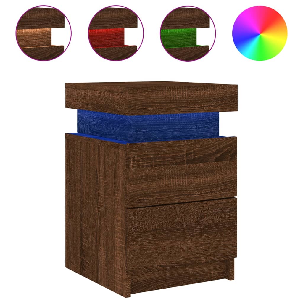 Bedside Cabinet with LED Lights Brown Oak 35x39x55 cm