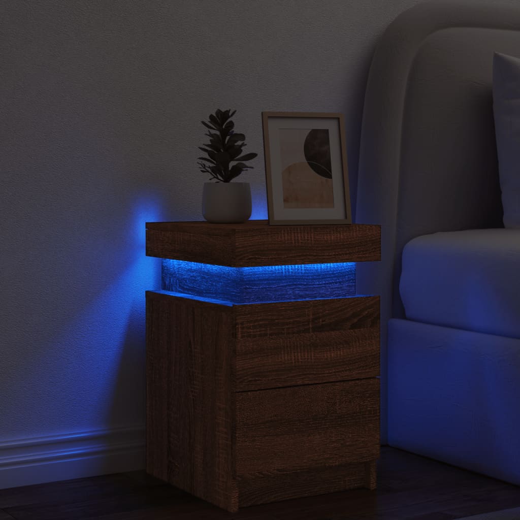 Bedside Cabinet with LED Lights Brown Oak 35x39x55 cm