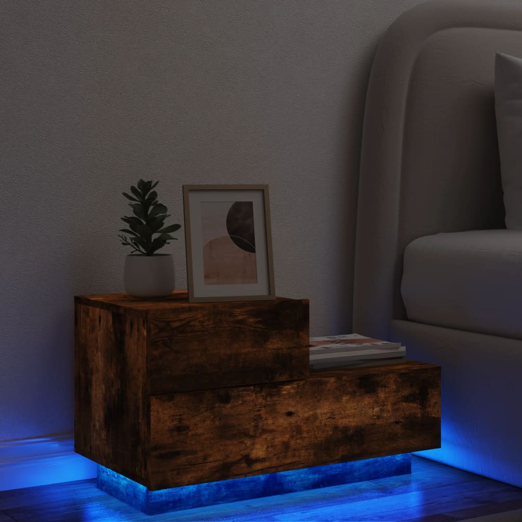 Bedside Cabinet with LED Lights Smoked Oak 70x36x40.5 cm
