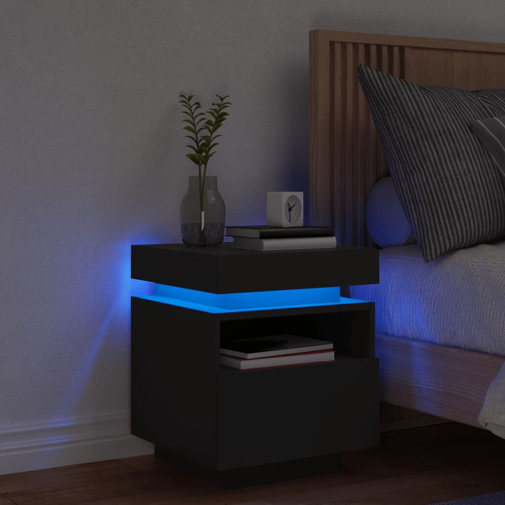 Bedside Cabinet with LED Lights Black 40x39x48.5 cm