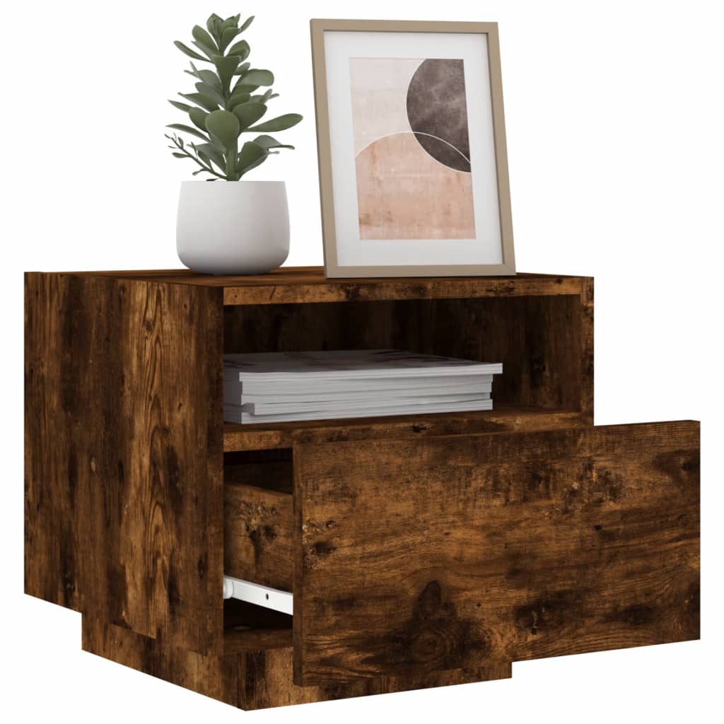 Bedside Cabinet with LED Lights Smoked Oak 40x39x37 cm