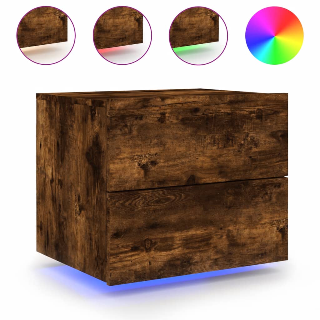 Wall-mounted Bedside Cabinet with LED Lights Smoked Oak