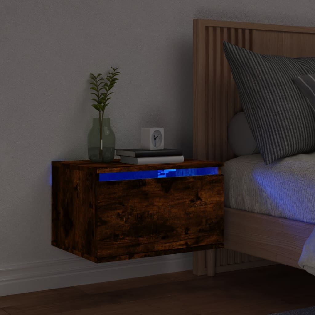 Wall-mounted Bedside Cabinet with LED Lights Smoked Oak