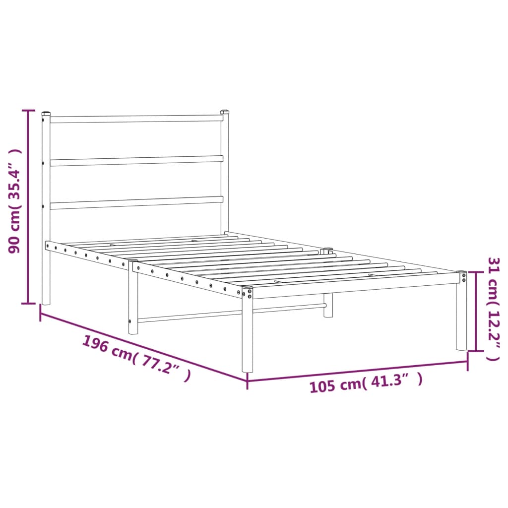 Metal Bed Frame with Headboard Black 100x190 cm