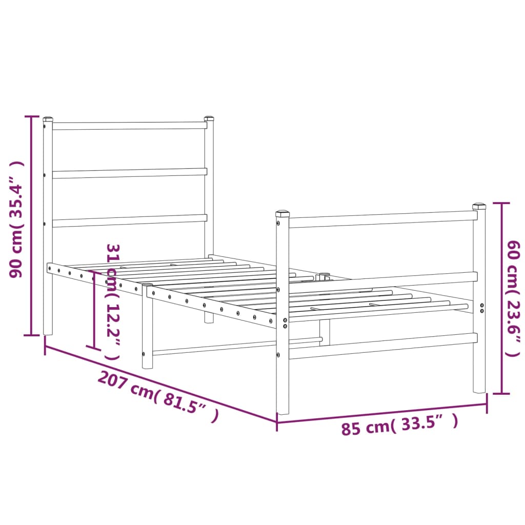 Metal Bed Frame with Headboard and Footboard Black 80x200 cm