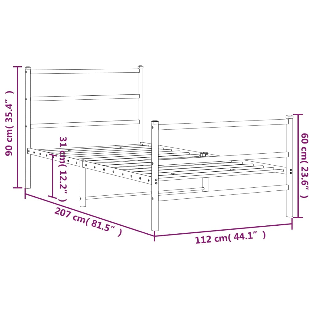 Metal Bed Frame with Headboard and Footboard Black 107x203 cm