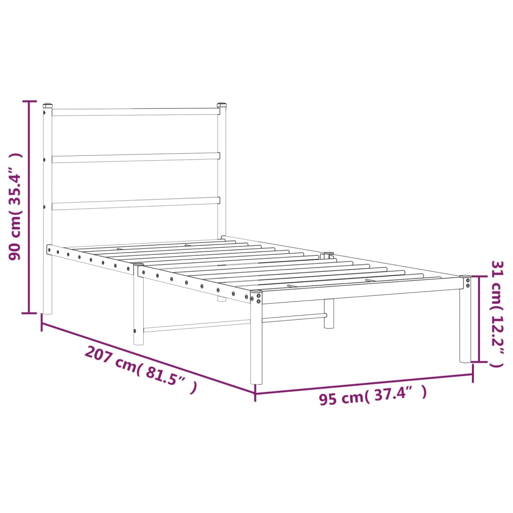 Metal Bed Frame with Headboard White 90x200 cm