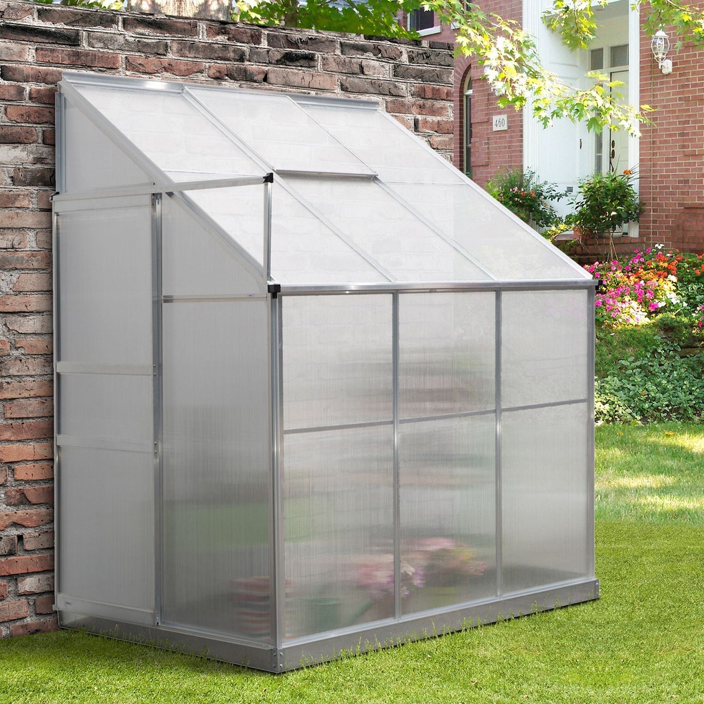 Walk-In Garden Greenhouse Aluminium Frame Polycarbonate with Roof Vent 845-391V01SR