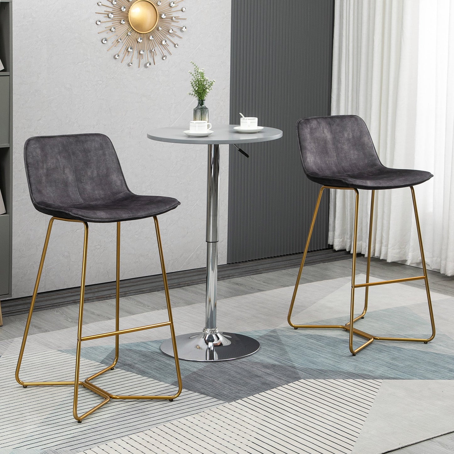 HOMCOM Bar Stools, Set of 2, Velvet-Touch Fabric Breakfast Bar Chairs with Footrest, Tall Kitchen Stools with Gold-Tone Metal Legs for Dining Area, Home Bar, Grey