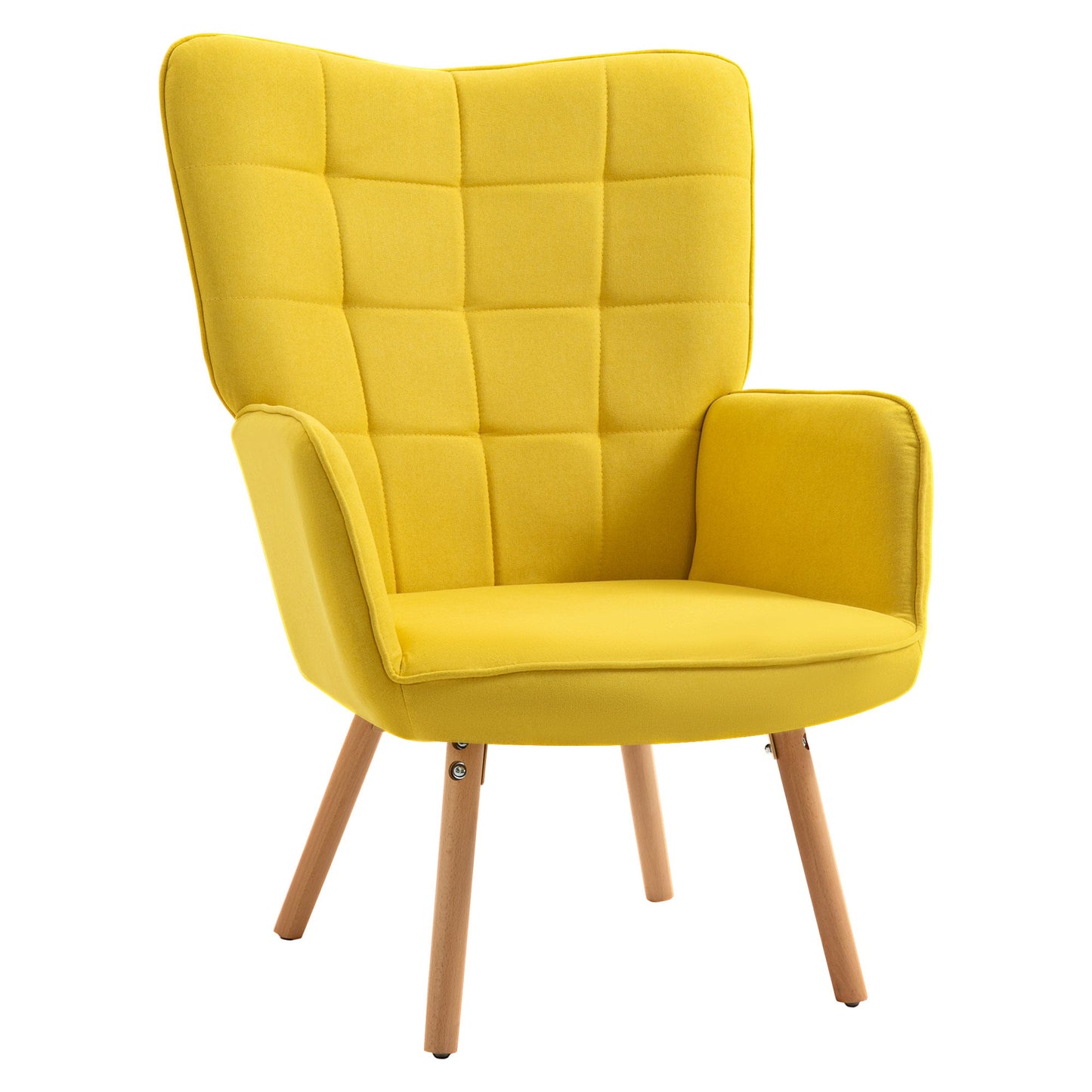 كرسي HOMCOM Accent Chair من المخمل المنجد بذراعين وجناح خلفي مع أرجل خشبية باللون الأصفر