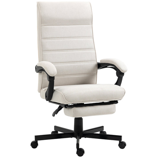 Vinsetto High-Back Home Office Chair, Linen Swivel Reclining Chair with Adjustable Height, Footrest and Padded Armrest for Living Room Cream White