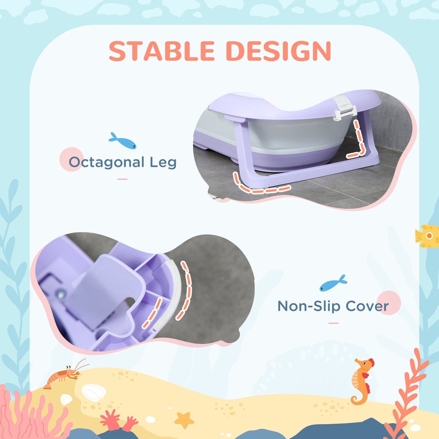 ZONEKIZ Foldable Baby Bathtub, W/ Non-Slip Support Legs, Cushion Pad, Shower Holder - Purple