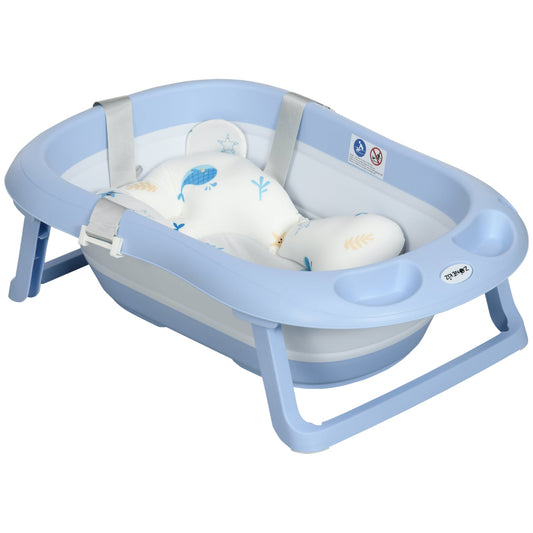 ZONEKIZ Foldable Baby Bath Tub, Bath Tub with Non-Slip Support, Cushion Pad, Drain Plugs, Shower Head Holder, for Newborn to 6 Years - Blue