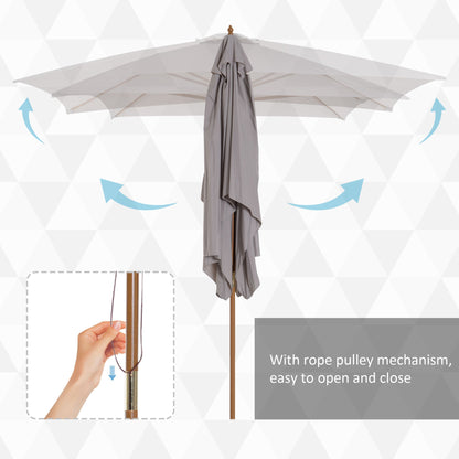 Outsunny 2 x 3m Wooden Garden Parasol Umbrella Outdoor Sun Shade Canopy, Light Grey